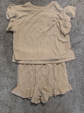 Very J Cream Floral-Textured Short Sleeve Top & Ruffle Shorts Set